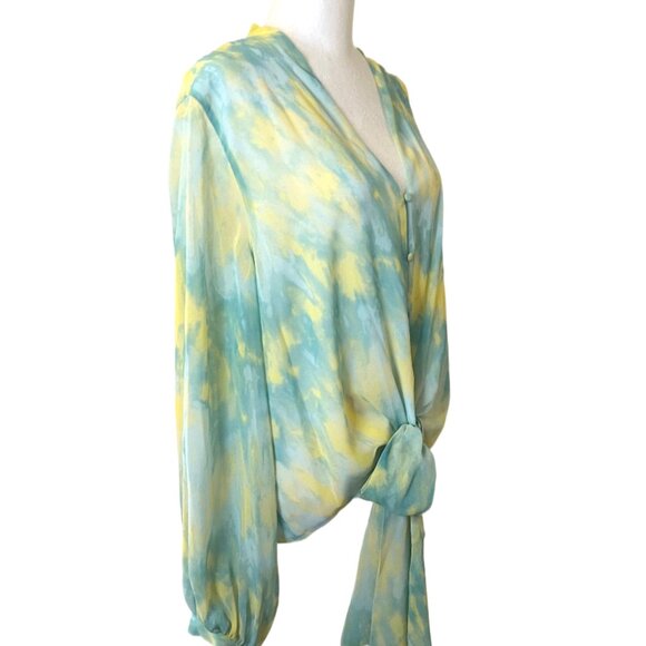 Vince Camuto Vivid Charm Green & Yellow Tie Dye Long Sleeve Blouse Size L NWT - Picture 6 of 13